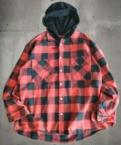 Y2K 00s シャツパーカー バックロゴ フード付きチェックシャツ 4L