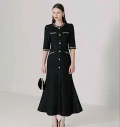 Leja ラメツイードレザーパイピングパールマーメイドワンピース 美品】Leja ラメツイードレザーパイピングパールマーメイドワンピース