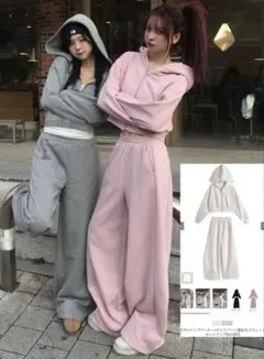 GRL ダブルジップパーカー×ワイドパンツ 裏起毛スウェットセットアップ