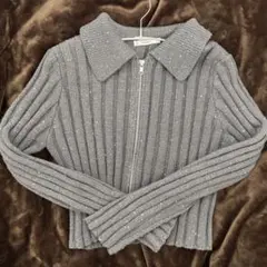 DISCOAT ラメ入りリブニット ダブルジップ グレー コンパクトニット