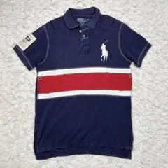 90s ポロバイラルフローレン ポロシャツ ビッグポニー 国旗 ネイビー 赤 白
