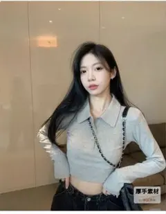 グレー 襟付き クロップドポロシャツ