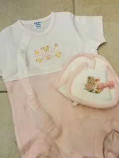 ファミリアピンク半袖ロンパース 60~75cm スタイ、リボンのピン付き