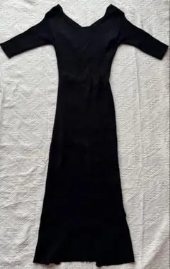 GRL ブラック ニットロングワンピース 半袖 クロスオーバー S