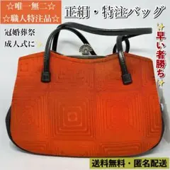 【1点物】高級 帯地 和装バッグ 特注品 朱色 モダン 幾何学柄 長財布OK 粋