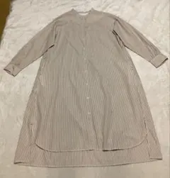 POU DOU DOU ストライプ柄長袖バンドカラーシャツワンピース　ベージュ