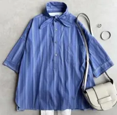 美品▲TICCA //タイショートスリーブシャツ▲ブルーストライプ▲リボンのサムネイル