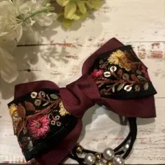 ハンドメイドシュシュM-4337♡ブラックジョーゼット♡インド刺繍リボン付♡ ハンドメイドシュシュM-4367♡ブラックジョーゼット♡インド刺繍リボン