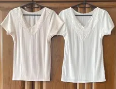 Vネックレース装飾リブ編みTシャツ2枚セット　肌着半袖　LLサイズ