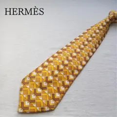 エルメス ネクタイ 黄色 幾何学総柄 シルク 定番【n8160】