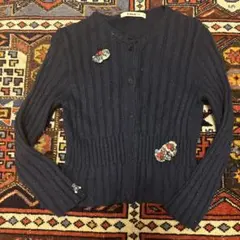 【familiar】ファミリア ネイビー リブ編みカーディガン 花柄刺繍 120