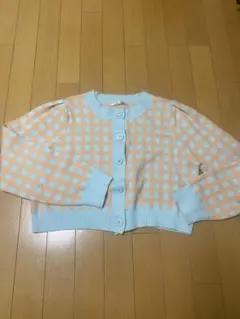 レトロガール　オレンジと水色のチェック柄 クロップドカーディガン