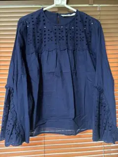 ZARA BASIC ネイビー 刺繍ブラウス 長袖 Lサイズのサムネイル