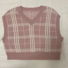 ピンク チェック柄 ニットベスト Lサイズ