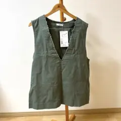 ディスコート　フリンジ深Vベスト　カーキ