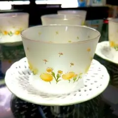 未使用品　昭和レトロポップ　たんぽぽ　冷茶グラス＆陶器製レ−ス茶托　5客セット