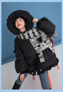 新品未使用　猫柄 ニットマフラー 黒 フリーサイズ