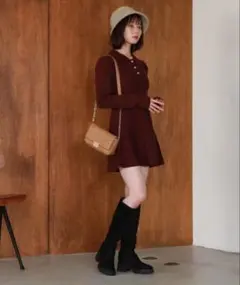 archives ポロニットフレアミニワンピース ブラウン