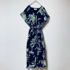 切り替えロングワンピース　総柄　レトロ　リゾート　ネイビー 総裏