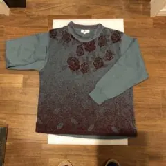 バラ模様 ニットセーター 長袖 ブルーグリーン