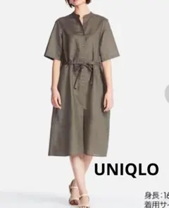 【美品】ユニクロ リネン コットン シャツワンピース 半袖 ロング カーキ L