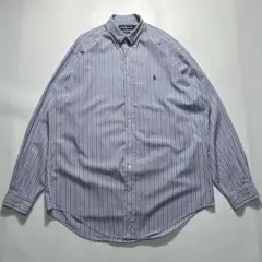 90s ラルフローレン BDシャツ L 水色ストライプ 刺繍ロゴ ○6772