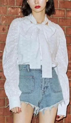 jouetie ボリュームスリーブリボンタイブラウス オフホワイト