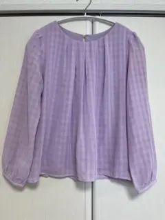 ラベンダー チェック柄 長袖ブラウス