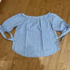 【H&M】オフショルダー トップス ストライプ 水色 肩出しトップス M L 青