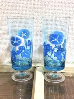 アデリアレトロ脚付 花柄 朝顔ブルー 昭和レトロ パフェグラス青あさがおほぼ新品