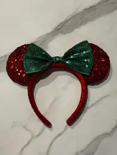 クリスマスカラー！ミニーミッキー耳カチューシャ 赤と緑のスパンコール