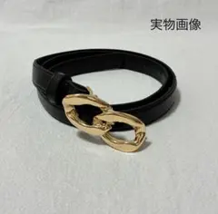 ダブルリングベルト シンプル 黒 細ベルト ゴールドバックル ブラック おしゃれ