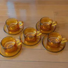 昭和レトロ　カップ&ソーサー　コップ　飴色　5客セットアンバーガラス