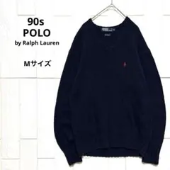 希少90s ポロ ラルフローレン コットン ニット ポニー刺繍 ネイビー色 M