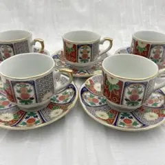山京陶器　カップ＆ソーサー　金彩　赤絵　花柄　花柄食器　5客セット　昭和レトロ