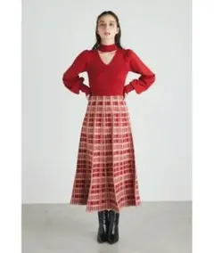 rienda2WAYチェックパターンフレアニットワンピース