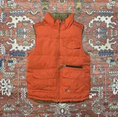 【古着】オリーブグリーン/オレンジ チェック柄 ダウンベスト