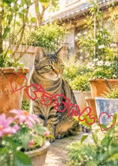 《一点限り》キジトラ猫 花咲く庭 日向ぼっこ
