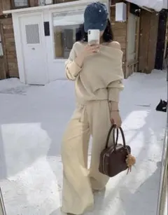 SHEIN オフショルダー ニット セットアップ S ベージュ
