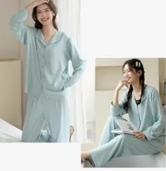 パジャマルームウェアレディース 長袖 前開き上下セット無地ミント薄手入院寝間着F