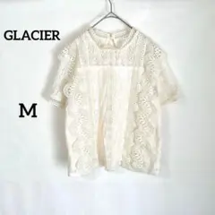 【グラシア】ブラウス M オフホワイト 綿 レース 半袖 透け感 上品 フリル