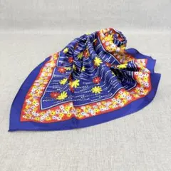 美品 スカーフ バンダナ シルク 絹 薄手 花柄 ネイビー 53cm