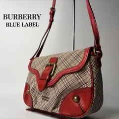 【希少】バーバリーブルーレーベル　ショルダーバック　チェック　ロゴ金具　レッド