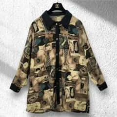 【高級感】長袖シャツ アート柄 総柄 カーキ 貝殻金ボタン 裾スリット