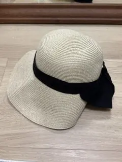 ストローハット 57.5cm 黒リボン付き