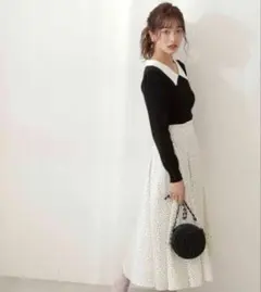 襟付ニットワンピース　ドット　ドッキングワンピース