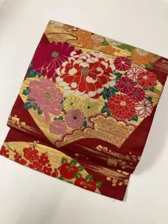 【匿名配送】正絹 アンティーク 名古屋帯 花柄 菊 昭和レトロ 金糸 赤 ピンク