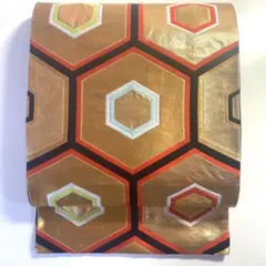 5k306 袋帯　絹　亀甲　金色　黒　白　緑　赤　青　柄物　和装　着物