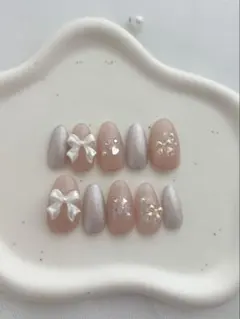 61.韓国ネイルチップ　リボンネイル　マグネットネイル　ちゅるん　ワンホンネイル