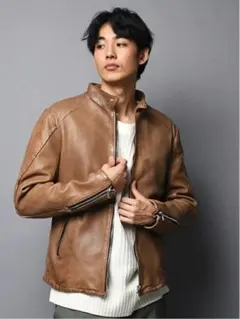ベージュ レザー シングルライダースジャケット　ジャックローズのサムネイル